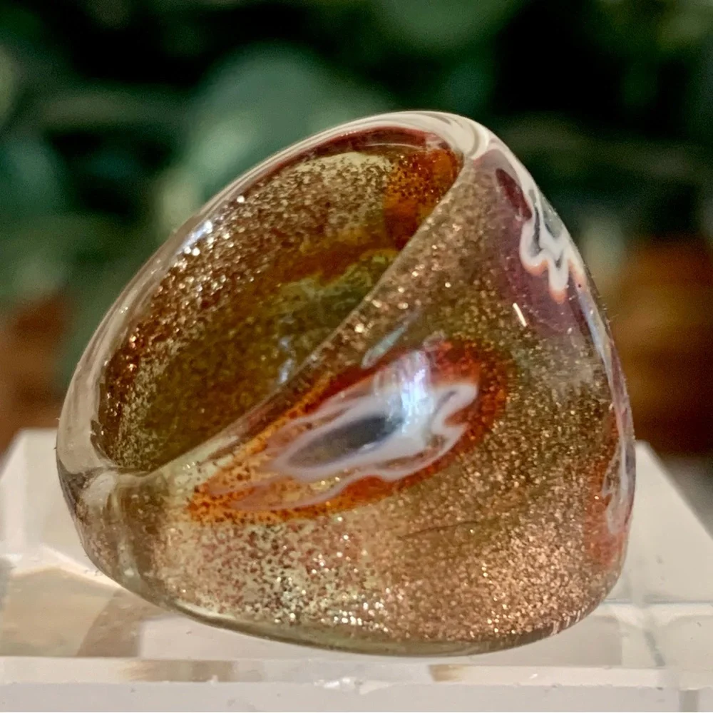 Vintage Murano Style Solid Glass Hand Blown Red Gold Millefiori Dome Ring Size 7